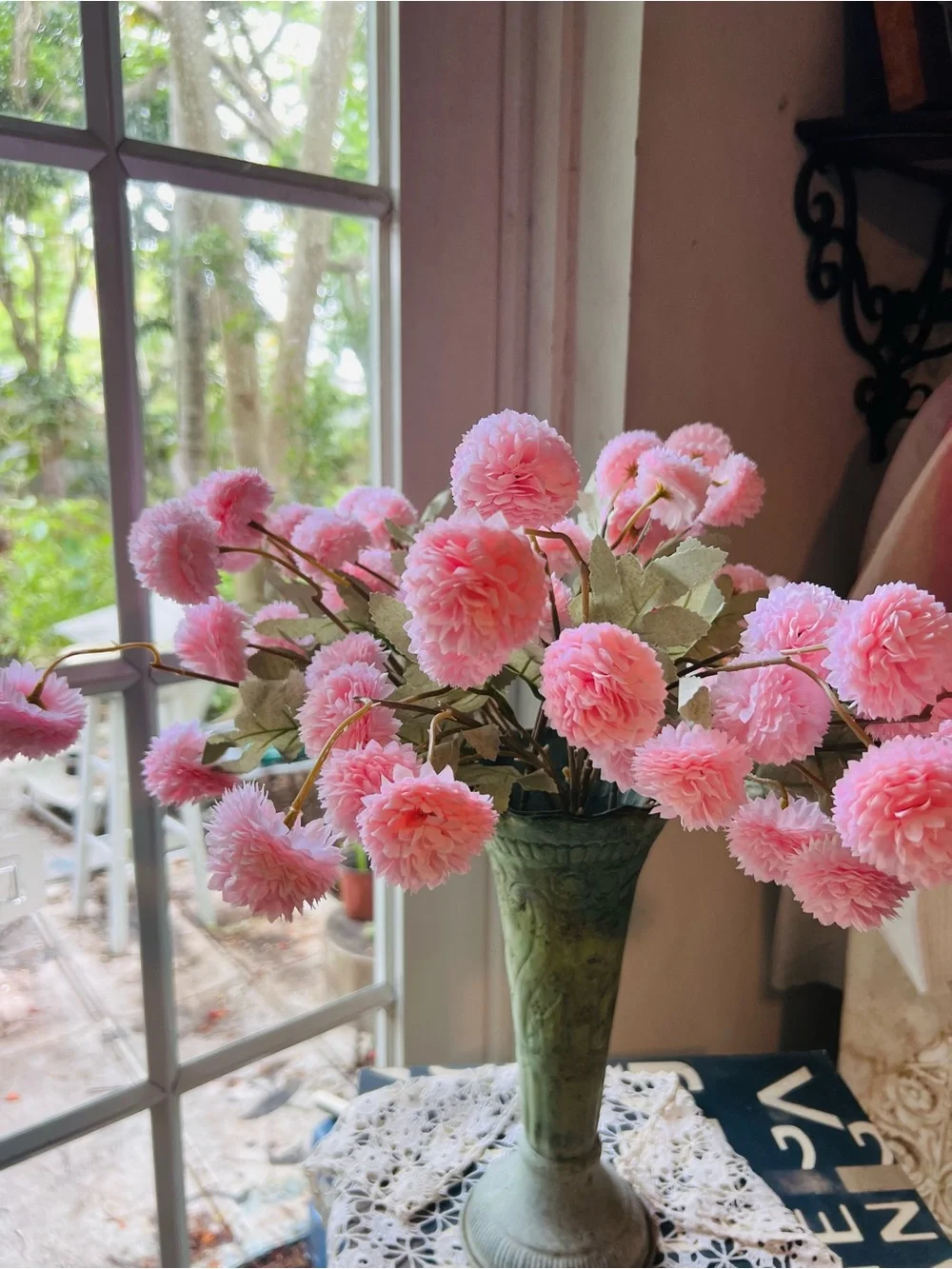 Vintage Pink Pom-Pom Floral Arrangement in Aged Patinated Green “Florists” Vase - Picture 6 of 11